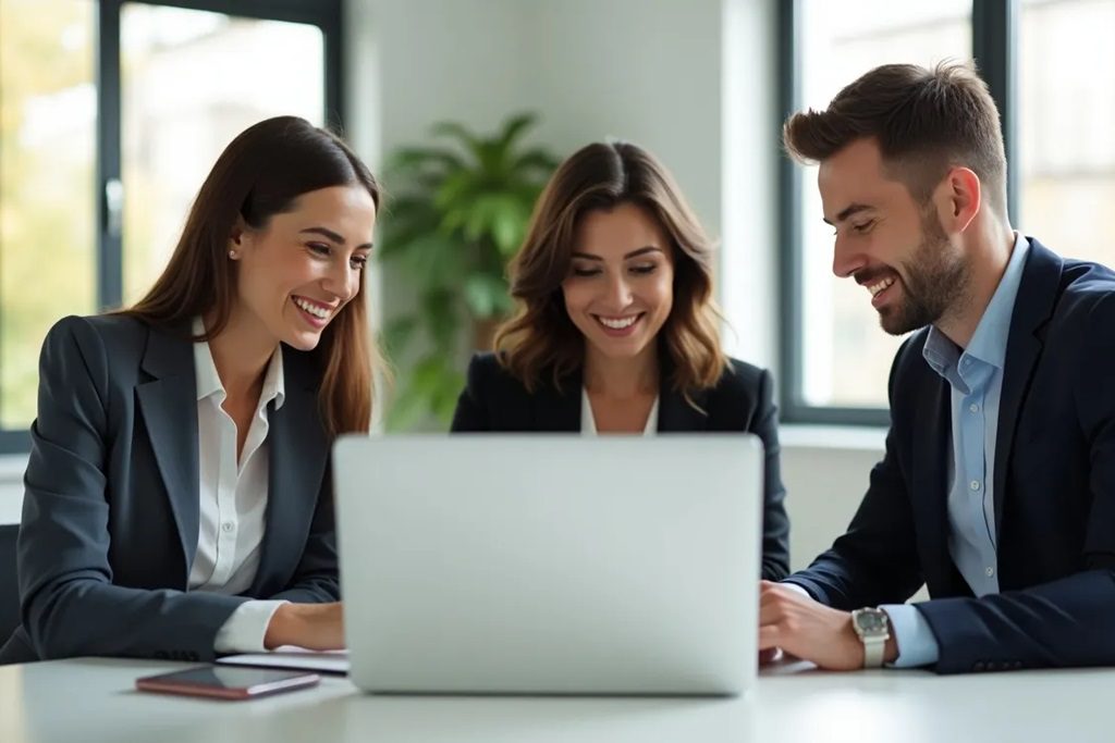 Drei Business-Professionals – zwei Frauen und ein Mann – arbeiten gemeinsam an einem Laptop in einem modernen Büro.